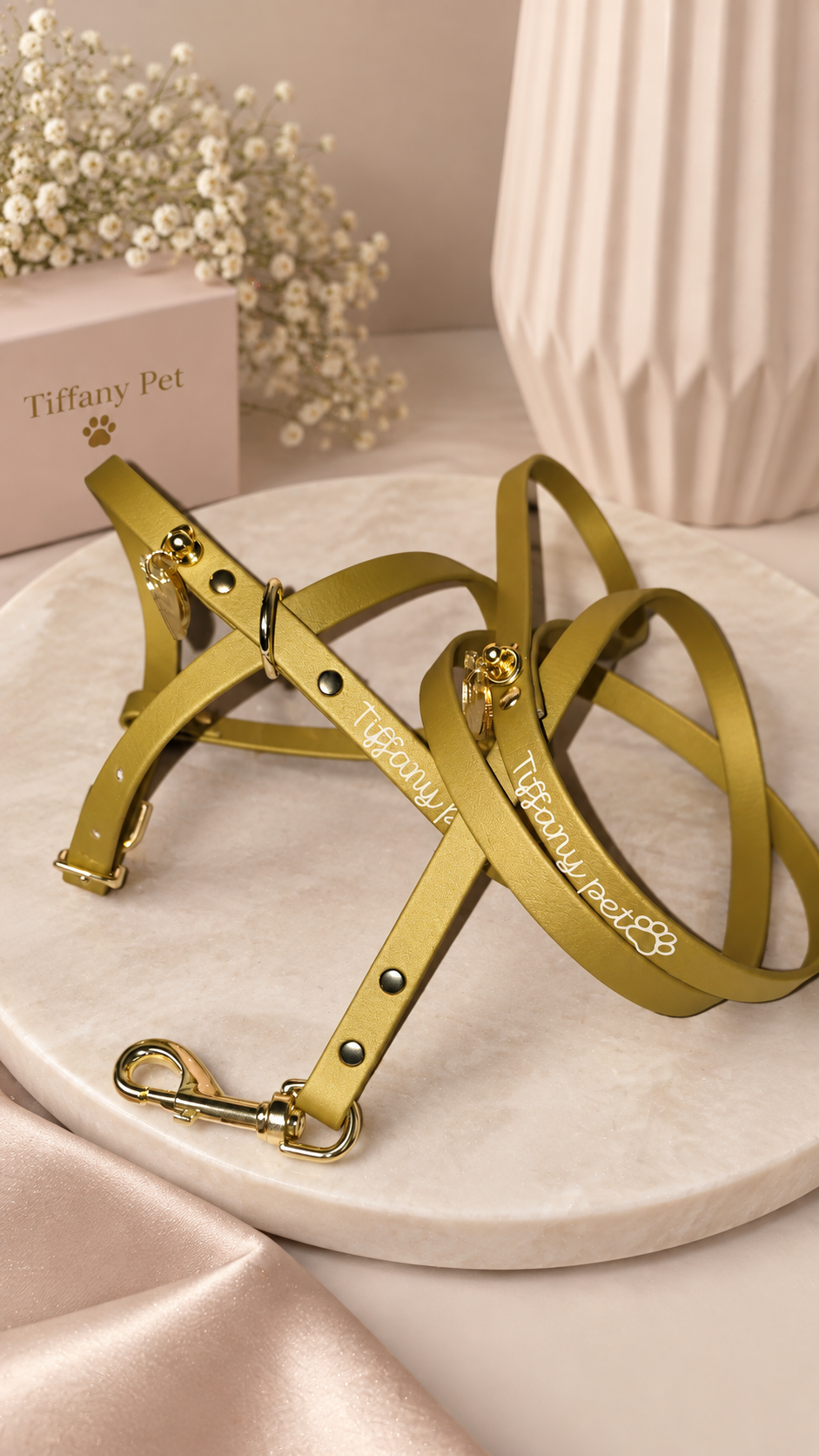 Pettorina e Guinzaglio Gold Glitter in BioThane® – Tiffany Pet